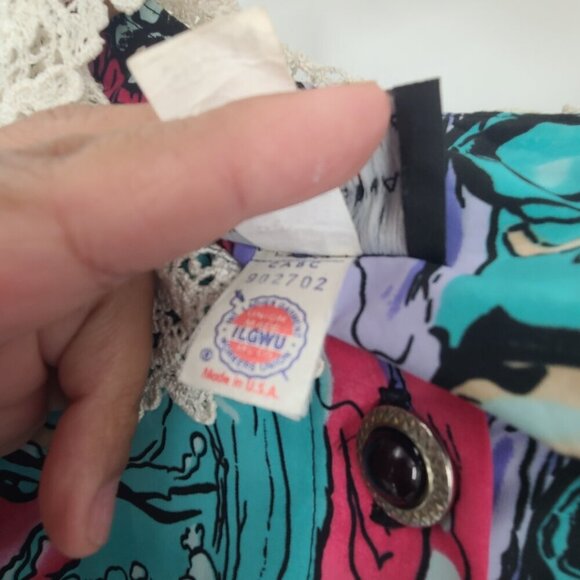 Vintage‎ 80s Breli Originals Sz 14 Secretary Dress Abstract Print Crochet Neck - Picture 5 of 6